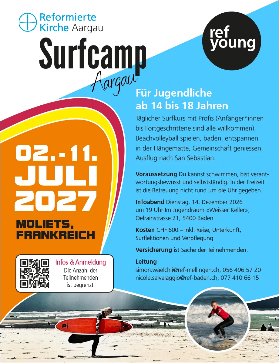 Surfcamp Aargau 2027 (2. bis 11. Juli 2027, Moliets-et-Maa, Frankreich) – RefYoung – Pädagogisches Handeln der Reformierten Landeskirche Aargau – www.ph-aargau.ch